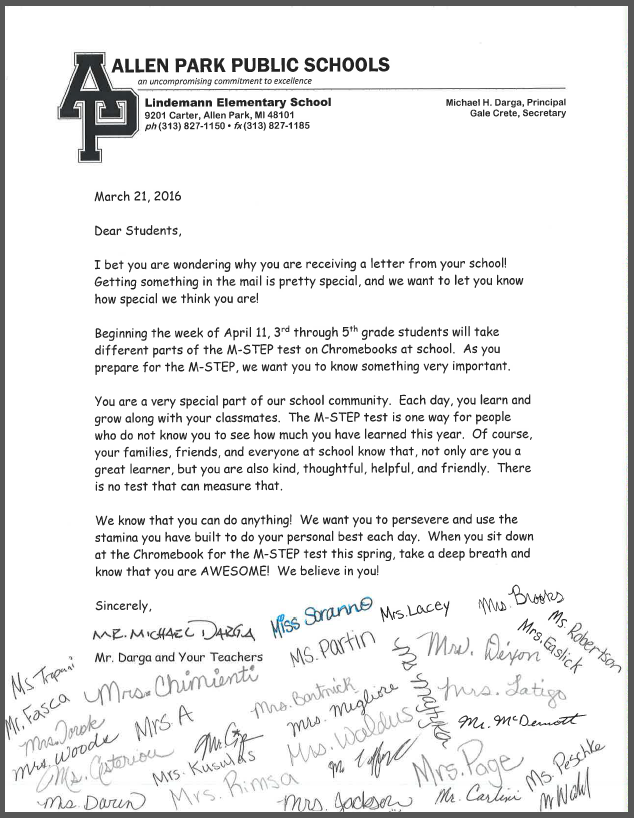 MSTEP 2016 Teacher Signatures Student Letter