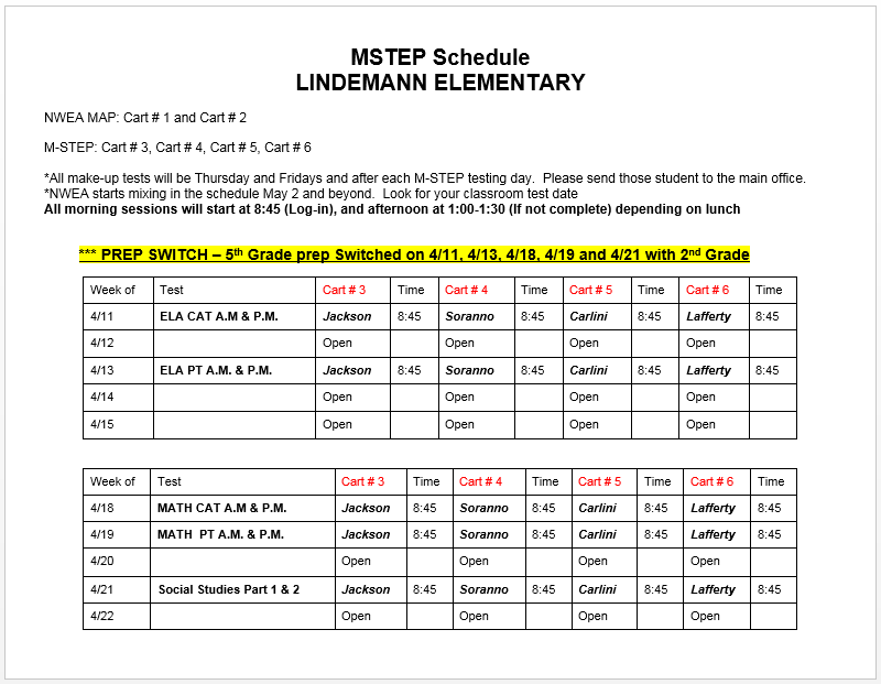 MSTEP 2016 Test Schedule